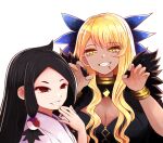 2girls arano_oki bangs black_dress black_hair blonde_hair breasts character_request cleavage cleavage_cutout clothing_cutout commentary_request dark-skinned_female dark_skin dress eyebrows_visible_through_hair fate/grand_order fate_(series) grin half-closed_eyes hand_to_own_mouth hand_up hands_up japanese_clothes kimono large_breasts looking_at_viewer multiple_girls sharp_teeth simple_background smile teeth upper_body vritra_(fate) white_background white_kimono yellow_eyes 
