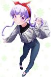  1girl alternate_costume bangs black_footwear blue_pants braid casual denim eyebrows_visible_through_hair full_body hairband highres jeans long_hair long_sleeves looking_at_viewer makicha_(sasurainopink) new_game! pants purple_eyes purple_hair red_hairband shirt shoes smile solo striped striped_shirt suzukaze_aoba twin_braids vertical-striped_shirt vertical_stripes white_background white_shirt 