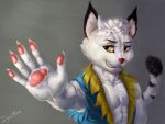  2022 anime_eyes anthro athletic athletic_anthro athletic_male athletic_wear cat_tail clothed clothing digital_media_(artwork) dimonis felid feline fur invalid_tag male mammal muscular signature simple_background smile solo watermark white_body white_fur yellow_eyes 