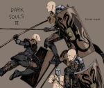  2boys armor ashen_one_(dark_souls_3) ass bald belt black_footwear black_gloves black_pants boots brown_background chain collarbone copyright_name dark_souls_(series) dark_souls_iii gloves helm helmet highres holding holding_polearm holding_shield holding_weapon kamezaemon knee_boots long_sleeves looking_back multiple_boys pants patches_(from_software) polearm shield simple_background smile spear topless_male weapon 
