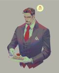  1boy beard cake coat commentary_request facial_hair food formal holding lapel long_sleeves male_focus mature_male necktie original reisei_zero shirt short_hair solo suit 