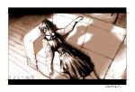  1girl copyright_name couch dress eri_(sayonara_eri) indoors kotteri looking_at_viewer lying monochrome neck_ribbon ribbon sayonara_eri sepia short_hair solo 