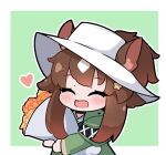  1girl :d ^_^ animal_ears arknights bangs blush bouquet brown_hair chibi closed_eyes commentary ears_through_headwear english_commentary eyebrows_visible_through_hair facing_viewer flower green_background green_jacket heart jacket kurotofu long_hair meteor_(arknights) meteor_(bard&#039;s_holiday)_(arknights) multicolored_hair object_hug orange_flower orange_rose outline ponytail rose smile solo two-tone_background two-tone_hair upper_body white_background white_hair white_headwear white_outline yellow_flower yellow_rose 