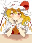  1girl ascot blonde_hair blush crystal eyebrows_visible_through_hair flandre_scarlet hands_on_own_face hat highres looking_at_viewer mob_cap one_side_up pout red_eyes red_vest scrunchie short_sleeves side_ponytail solo tamagogayu1998 touhou vest white_background wings yellow_ascot 