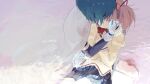  2girls blood blue_hair bow bowtie cape closed_eyes clothing_request gesture_request gloves grey_background hair_ribbon hands_on_another&#039;s_shoulders highres hug hug_from_behind injury kaname_madoka looking_at_another looking_down magical_girl mahou_shoujo_madoka_magica miki_sayaka miniskirt mitakihara_school_uniform multiple_girls outdoors pink_hair red_bow red_bowtie red_ribbon ribbon school_uniform shirt short_hair sitting sitting_on_person sitting_on_water skirt thighhighs twintails un_nm5sy water white_cape white_gloves white_legwear yellow_shirt yuri zettai_ryouiki 