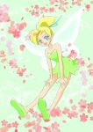  1girl bare_arms bare_legs barefoot blonde_hair blue_hair disney dress eyebrows fairy fairy_wings flower full_body green_dress hair_bun hair_flower hair_ornament hair_ribbon highres looking_at_viewer open_mouth petals peter_pan ribbon short_hair smile solo strapless strapless_dress tinker_bell_(disney) user_dwx3486 wings 