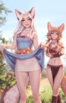  2girls :d animal_ear_fluff animal_ears ankle_wrap armband artist_name bare_arms bare_shoulders blonde_hair blue_eyes blue_sky blurry blurry_background breasts clothes_lift commentary day dress dress_lift ear_piercing earrings english_commentary fangs food fox_ears fox_tail freckles frown fruit grass heterochromia highres jewelry khiara_(personal_ami) lifted_by_self long_hair looking_at_viewer looking_away losse_(personal_ami) low_twintails medium_breasts medium_hair multiple_girls navel necklace open_mouth original outdoors peach pelvic_curtain personal_ami piercing skirt_basket sky sleeveless sleeveless_dress smile symbol-only_commentary tail thick_eyebrows thigh_gap thighs tooth_necklace twintails uncensored white_hair yellow_eyes 