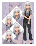  1girl :d black_footwear black_pants black_vest blush border closed_mouth contrapposto copyright_request expressions grey_shirt high_heels konogi_nogi looking_at_viewer multiple_views open_mouth outline pants purple_eyes sample_watermark shirt smile vest white_border white_outline wide-eyed zoom_layer 