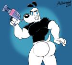  2017 anthro artist_name biceps big_butt blue_background blue_eyes bottomless bottomless_anthro bottomless_male butt canid canine canis clothed clothing digital_media_(artwork) domestic_dog doritohead dudley_puppy fingers fur hi_res huge_butt looking_back male mammal muscular muscular_anthro muscular_male nickelodeon pecs short_tail signature simple_background smile solo standing t.u.f.f._puppy teeth white_body white_fur 