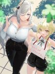 2girls absurdres alternate_costume black_pants black_shorts blonde_hair blue_eyes blurry blurry_foreground bolo_tie breasts cleavage commentary_request denim earrings flower from_above genshin_impact hair_flower hair_ornament hair_over_one_eye hands_on_hips highres jewelry large_breasts light_rays long_hair looking_up lumine_(genshin_impact) multiple_girls off-shoulder_shirt off_shoulder open_mouth outdoors pants shadow shenhe_(genshin_impact) shirt shirt_tucked_in shorts sign sign_around_neck silver_hair sleeveless smile sunbeam sunlight tassel tassel_earrings translation_request yellow_eyes ym-1 