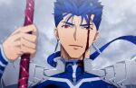  1boy akujiki59 armor artist_name blood blood_on_face blue_hair bodysuit close-up cloud cloudy_sky cu_chulainn_(fate) cu_chulainn_(fate/stay_night) dust ear_piercing earrings fate/stay_night fate_(series) frown injury jewelry lance long_hair looking_at_viewer male_focus open_mouth piercing polearm red_eyes shoulder_armor shoulder_pads sky slit_pupils snow solo spiked_hair stud_earrings tongue twitter_username weapon winter 