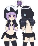  2girls alloyrabbit ass black_gloves black_hair black_legwear blush cosplay gloves hair_ornament hair_ribbon hat highres imagining kill_la_kill long_hair looking_at_another multiple_girls nepgear neptune_(series) nudist_beach_uniform purple_hair ribbon simple_background smile thighhighs uni_(neptune_series) white_background 