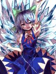  1girl arm_up bangs blue_dress blue_eyes blue_hair blush bow breasts cirno collared_shirt commentary dress eyebrows_visible_through_hair fairy_wings flat_chest green_bow hair_between_eyes hair_bow highres ice ice_wings long_dress looking_at_viewer neck_ribbon open_mouth pinafore_dress puffy_short_sleeves puffy_sleeves red_ribbon ribbon shirt short_hair short_sleeves simple_background small_breasts smile solo sutaku77224 tongue touhou v-shaped_eyebrows white_background white_shirt wings 