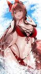  1girl :d absurdres akagi_(azur_lane) akagi_(paradise_amaryllis)_(azur_lane) animal_ears azur_lane bikini bracelet breasts brown_hair cleavage cloud cowboy_shot eyebrows_visible_through_hair fox_ears front-tie_bikini front-tie_top highres jewelry large_breasts long_hair official_alternate_costume red_sarong samip sarong sky smile spray swimsuit two-tone_bikini water 