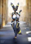  absurd_res ancient_egypt anthro clothing eeveelution egyptian egyptian_clothing elysianelly female gold_(metal) gold_jewelry hi_res jewelry nintendo pok&eacute;mon pok&eacute;mon_(species) solo thick_thighs umbreon video_games walking wide_hips 
