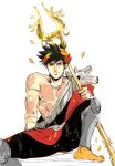  1boy barefoot black_hair black_sclera colored_sclera greek_clothes green_eyes hades_(game) heterochromia highres ing0123 laurel_crown male_focus mismatched_sclera polearm red_eyes single_bare_shoulder sitting skull smile spear spread_legs weapon zagreus_(hades) 