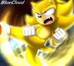  anthro bluecloud clothing eulipotyphlan fangs fur gloves handwear hedgehog hi_res male mammal red_eyes sega solo sonic_the_hedgehog sonic_the_hedgehog_(series) space super_sonic thick_thighs yellow_body yellow_fur 