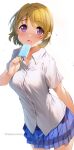  1girl absurdres bangs blue_skirt blush breasts brown_hair collared_shirt cowboy_shot eyebrows_visible_through_hair food highres holding koizumi_hanayo leaning_forward looking_at_viewer love_live! medium_breasts miniskirt nakano_maru open_mouth pleated_skirt popsicle purple_eyes shirt short_hair short_sleeves simple_background skirt solo swept_bangs tareme tongue tongue_out twitter_username water_drop white_background white_shirt 