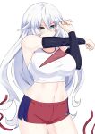  1girl bare_shoulders black_heart blue_eyes breasts elbow_gloves gloves highres large_breasts long_hair neptune_(series) short_shorts shorts simple_background solo sportswear stretch sweat symbol-shaped_pupils tank_top very_long_hair white_background white_hair zatsu 
