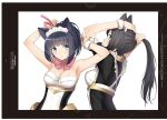  2girls absurdres animal_ears armpits bangs bare_shoulders black_hair blue_eyes bow breasts cat_ears cleavage guilty_princess hair_ornament highres long_hair looking_at_viewer maid_headdress medium_breasts multiple_girls non-web_source puffy_short_sleeves puffy_sleeves scan shiny shiny_hair shiny_skin short_hair short_sleeves simple_background smile strapless tony_taka upper_body wrist_cuffs 