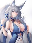  1girl absurdres ahoge animal_ear_fluff animal_ears azur_lane bare_shoulders blue_collar blue_dress blue_eyes breasts cleavage collar covered_nipples dress eyebrows_visible_through_hair feather_boa flower fox_ears fox_girl fox_tail gradient gradient_background grey_hair hair_flower hair_ornament halter_dress halterneck highres kitsune kyuubi large_breasts large_tail long_hair looking_at_viewer low_neckline mole mole_under_eye multiple_tails official_alternate_costume parted_lips piuta shinano_(azur_lane) shinano_(dreams_of_the_hazy_moon)_(azur_lane) sideboob simple_background sleeveless sleeveless_dress solo tail upper_body white_background white_tail wrist_cuffs wrist_flower 