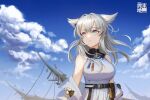  1girl absurdres animal_ears arknights arknights:_endfield bare_shoulders belt blue_eyes blue_sky breasts coat copyright_name day dress highres large_breasts long_hair looking_away looking_up lunn off_shoulder open_clothes open_coat outdoors parted_lips perlica_(arknights) silver_hair sky solo upper_body white_coat white_dress 