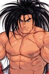  1boy abs absurdres armpit_hair armpits bandaged_arm bandages bara biceps black_hair facial_hair haoumaru highres large_pectorals long_hair long_sideburns looking_at_viewer male_focus manly mature_male muscular muscular_male nipples pectorals samurai_spirits scar scar_on_chest scar_on_stomach sideburns smile solo spiked_hair stubble terujirou_(masateruteru) thick_arms thick_eyebrows topless topless_male upper_body veins veiny_arms white_background 
