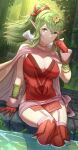  1girl arm_support belt boots bracelet breasts cape cleavage closed_mouth collar commentary day dress fire_emblem fire_emblem_awakening forest garter_straps gloves green_eyes green_hair hand_up highres ippers jewelry large_breasts long_hair medium_breasts nature outdoors partially_submerged pink_legwear pointy_ears ponytail red_dress red_footwear red_gloves shiny shiny_skin short_dress sidelocks simple_background sitting solo thigh_boots thighhighs thighs tiara tiki_(fire_emblem) water 