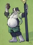  2022 alcohol anthro badger beer belly beverage big_belly black_body black_nose blush bottomwear clothed clothing drunk green_background hi_res humanoid_hands k-9 male mammal mustelid musteline open_clothing open_shirt open_topwear overweight overweight_male shirt shorts simple_background solo substance_intoxication topwear white_body 