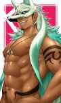  1boy abs arm_tattoo bara biceps black_hair dark-skinned_male dark_skin facial_hair fangs green_eyes hand_on_hip highres ig1119 jewelry large_pectorals long_sideburns looking_at_viewer male_focus manly mature_male muscular muscular_male navel navel_hair necklace nipples open_mouth original pectorals sideburns smile solo stomach_tattoo stubble tattoo topless topless_male tusks wolf_mask 