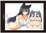  1girl absurdres animal_ear_fluff animal_ears ass bangs bare_shoulders black_hair bow bra breast_hold breasts cat_ears cat_tail cleavage collarbone guilty_princess highres leaning_forward long_hair looking_at_viewer medium_breasts multiple_views navel non-web_source off_shoulder open_mouth page_number panties scan shiny shiny_hair simple_background solo stomach tail thighs tony_taka underwear underwear_only 