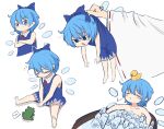  2girls bangs barefoot bathing bird blue_eyes blue_hair cirno closed_eyes closed_mouth crossed_arms duck esthoric eyebrows_visible_through_hair frog full_body hakurei_reimu highres ice ice_wings multiple_girls multiple_views musical_note ribbon-trimmed_sleeves ribbon_trim short_hair simple_background sitting speech_bubble touhou v-shaped_eyebrows v_arms whistling white_background wings 