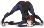  1girl arched_back arm_rest ass bangs biker_clothes bodysuit boots brown_hair closed_mouth corset flexible full_body gloves hands_on_ground head_tilt highres jack-o&#039;_challenge kurosususu long_sleeves looking_at_viewer meme niijima_makoto own_hands_together persona persona_5 pose red_eyes scarf shiny shiny_hair shoulder_spikes smile solo spikes spread_legs stretch top-down_bottom-up wide_spread_legs 