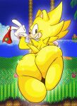  anthro big_butt butt clothing eulipotyphlan gesture girly gloves glowing glowing_body gold_body green_hill_zone hair handwear hedgehog looking_at_viewer looking_back looking_back_at_viewer male mammal nude presenting presenting_hindquarters qoolguyart sega smile smiling_at_viewer solo sonic_the_hedgehog sonic_the_hedgehog_(series) spiky_hair super_sonic thick_thighs v_sign wide_hips 