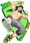  1boy abs absurdres arm_tattoo armpits artist_name bara biceps black_hair bracelet flexing green_eyes highres hood hoodie jacket jewelry jumping kuroshinki large_pectorals leg_tattoo looking_at_viewer male_focus manly mature_male muscular muscular_male navel nipples open_clothes open_jacket open_mouth original pectorals pose sandals short_hair shoulder_tattoo smile solo spiked_hair tattoo teeth text_focus thank_you thick_arms thick_eyebrows thick_thighs thighs tongue v veins veiny_arms 