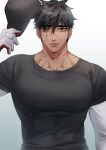  1boy artist_name bara biceps black_hair gloves hand_on_headwear hat heterochromia highres large_pectorals long_sleeves looking_at_viewer male_focus manly mature_male muscular muscular_male original pectorals scar scar_across_eye scar_on_face scar_on_neck shirt solo spiked_hair ssong-ga thick_eyebrows tight twitter_username upper_body 