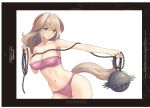  1girl absurdres animal_ears ball_and_chain_(weapon) bangs bare_shoulders bow bra breasts brown_hair chain cleavage collarbone dog_ears dog_tail eyebrows_visible_through_hair frills green_eyes guilty_princess highres holding holding_weapon iron_ball long_hair looking_away medium_breasts navel non-web_source page_number panties parted_lips pink_bra pink_panties scan simple_background solo stomach strapless tail thighs tony_taka underwear underwear_only weapon white_background 