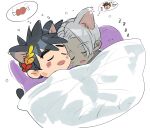  2boys animal_ears black_hair blanket boned_meat cat_ears chibi closed_eyes dark-skinned_male dark_skin dreaming drooling extra_ears food greek_clothes hades_(game) heart ing0123 kemonomimi_mode laurel_crown lying male_focus meat multiple_boys pillow silver_hair sleeping thanatos_(hades) thought_bubble under_covers zagreus_(hades) zzz 