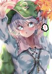  ! 1girl absurdres arm_up autumn_leaves backpack bag between_breasts blue_eyes blue_nails blue_shirt blurry blurry_foreground breasts commentary_request eyebrows_visible_through_hair flat_cap frilled_shirt_collar frills green_background green_bag green_headwear hair_bobbles hair_ornament hat highres kawashiro_nitori key light_blue_hair long_sleeves looking_at_phone looking_up maboroshi_mochi medium_hair nail_polish open_mouth phone selfie shirt solo spoken_exclamation_mark strap_between_breasts teeth touhou upper_body upper_teeth 