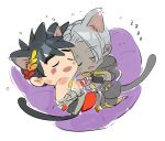  2boys animal_ears black_hair cat_ears cat_tail chibi closed_eyes dark-skinned_male dark_skin drooling extra_ears greek_clothes hades_(game) ing0123 kemonomimi_mode laurel_crown lying male_focus multiple_boys on_side open_mouth pillow silver_hair skull sleeping smile tail thanatos_(hades) zagreus_(hades) zzz 