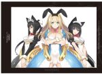  3girls absurdres animal_ears black_hair blonde_hair blue_eyes bow breasts cat_ears cleavage crossed_arms gold_trim green_eyes guilty_princess hair_ornament highres leotard long_hair long_sleeves looking_at_viewer medium_breasts multiple_girls non-web_source open_mouth overskirt puffy_short_sleeves puffy_sleeves rabbit_ears short_hair short_sleeves simple_background smile tony_taka white_background wrist_cuffs 
