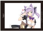  1girl absurdres animal_ears blue_eyes bow breasts cat_ears cleavage guilty_princess hair_bow hair_ornament hand_up heterochromia highres long_hair maid maid_headdress medium_breasts non-web_source open_mouth puffy_short_sleeves puffy_sleeves purple_hair scan shiny shiny_hair short_sleeves short_twintails simple_background solo tony_taka twintails white_background wrist_cuffs yelow_eyes 