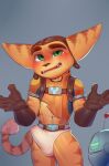  absurd_res anthro aviator_cap balls big_ears big_penis blush clank_(ratchet_and_clank) clothing clothing_aside cydonia_xia duo embarrassed foreskin genitals gloves green_eyes handwear hi_res humanoid_genitalia lombax male mammal penis ratchet ratchet_and_clank shrug solo sony_corporation sony_interactive_entertainment torn_clothing underwear underwear_aside vein veiny_penis video_games 