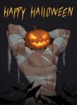  1boy abs amo_(amo9612) arm_behind_back armpits bandaged_arm bandages bara bat halloween happy_halloween highres large_pectorals looking_at_viewer male_focus manly mature_male mummy_costume muscular muscular_male nipples original pectorals pumpkin pumpkin_on_head scar scar_on_chest scar_on_stomach solo thick_arms topless topless_male 