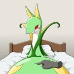  ambiguous_gender bed belly belly_poke blush disembodied_hand furniture gradient_background green_belly headboard looking_at_viewer nintendo on_bed overweight pillow pok&eacute;mon pok&eacute;mon_(species) poking red_eyes serperior simple_background solo unknown_artist video_games 