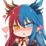  1girl bangs blue_eyes blue_hair blue_horns blush bow bowtie breasts bright_pupils chibi clenched_hands commission commissioner_upload dragon_girl dragon_horns eyebrows_visible_through_hair hands_up heart heterochromia horns inferna_dragnis long_hair long_sleeves lovestruck monster_girl multicolored_hair open_mouth orange_eyes original puffy_sleeves red_hair red_horns solo split-color_hair symbol-shaped_pupils two-tone_hair usagi1923 white_background white_pupils 
