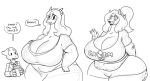  2019 anthro big_breasts biped black_and_white bodily_fluids breasts cellulite charmeleon cleavage clothed clothing dialogue dorian_(bds_charmeleon) dragon english_text female fully_clothed gesture grin group hi_res horn huge_breasts larger_female line_art male mature_anthro mature_female miss_l monochrome nintendo obese obese_anthro obese_female overweight overweight_anthro overweight_female pok&eacute;mon pok&eacute;mon_(species) size_difference smaller_male smile speech_bubble sweat sweatdrop text vdisco video_games waving 