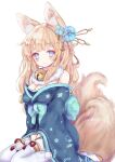  1girl animal_ears azur_lane bare_shoulders bell between_legs blue_kimono breasts cleavage flower fox_ears fox_tail fur_collar hair_flower hair_ornament highres japanese_clothes jingle_bell kimono kitsune long_sleeves looking_at_viewer medium_breasts megts0331 multiple_tails niizuki_(azur_lane) off-shoulder_kimono sash solo tail thick_eyebrows thighhighs white_background white_legwear wide_sleeves 