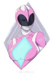  1girl artist_name bodysuit breasts brown_eyes glowing helmet highres looking_to_the_side medium_breasts nalindale pink_bodysuit pink_ranger portrait power_rangers solo tokusatsu 