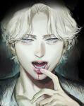  1boy bangs blonde_hair blood blood_from_mouth blue_eyes collarbone dark dudles face finger_to_mouth highres johan_liebert lips looking_at_viewer lower_teeth male_focus monster_(manga) nose parted_bangs portrait short_hair solo straight-on teeth tongue 